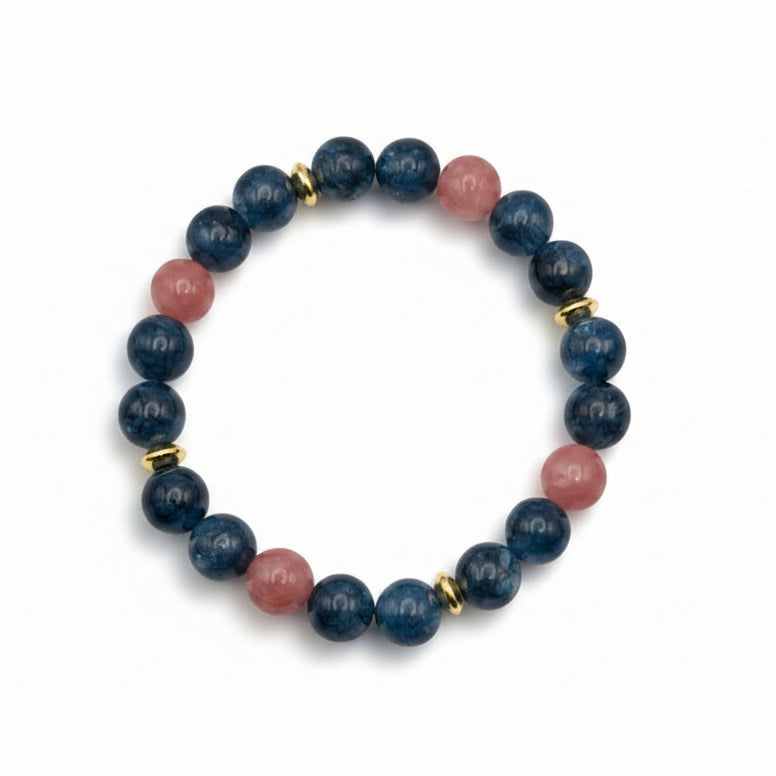 Shadowed Grove 8mm natural gemstone stretch bracelet with blue-green chalcedony, rosy gemstone beads, and golden stainless steel spacers