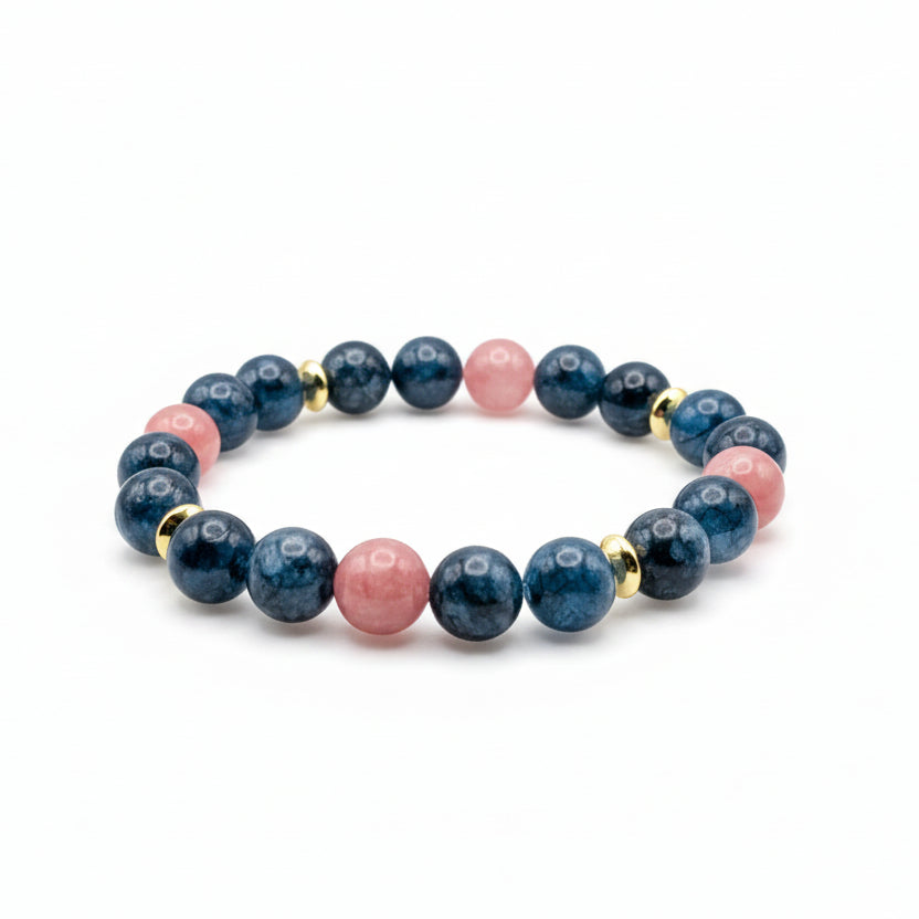 Shadowed Grove 8mm natural gemstone stretch bracelet with blue-green chalcedony, rosy gemstone beads, and golden stainless steel spacers