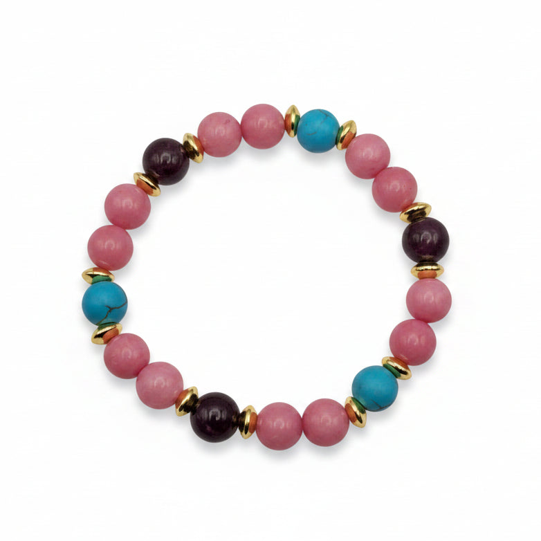 Rosy Luxe 8mm natural gemstone stretch bracelet with rosy pink beads, reconstructed turquoise, red garnet, and golden metal spacers