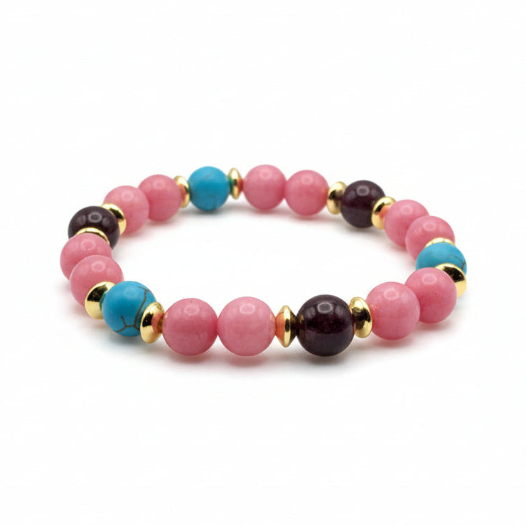 Rosy Luxe 8mm natural gemstone stretch bracelet with rosy pink beads, reconstructed turquoise, red garnet, and golden metal spacers