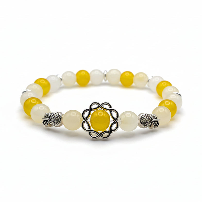 Mellow Yellow yellow glass bead bracelet with pineapple charm handmade by Crafty Queens