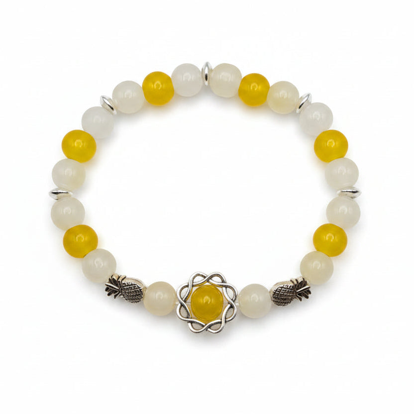 Mellow Yellow yellow glass bead bracelet with pineapple charm handmade by Crafty Queens