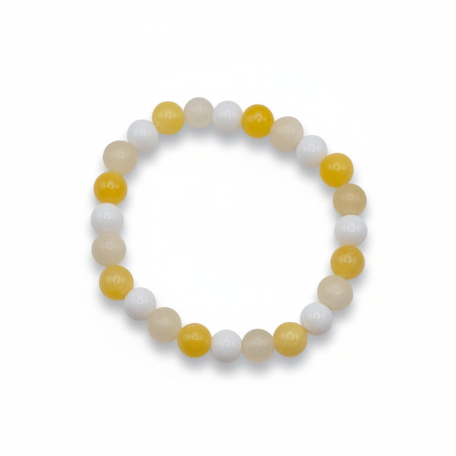 Lemon Meringue 8mm natural gemstone stretch bracelet with lemon-yellow, creamy ivory, and white quartzite beads