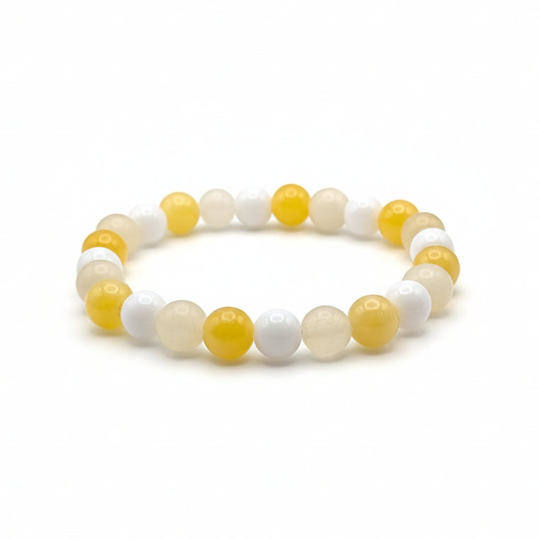 Lemon Meringue 8mm natural gemstone stretch bracelet with lemon-yellow, creamy ivory, and white quartzite beads