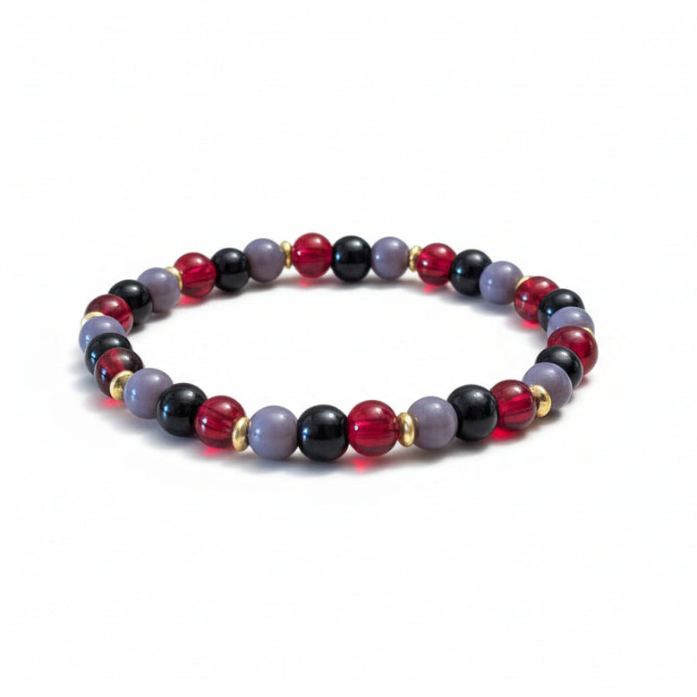 Royal Passion red black mauve glass bead bracelet with golden metal spacers handmade by Crafty Queens