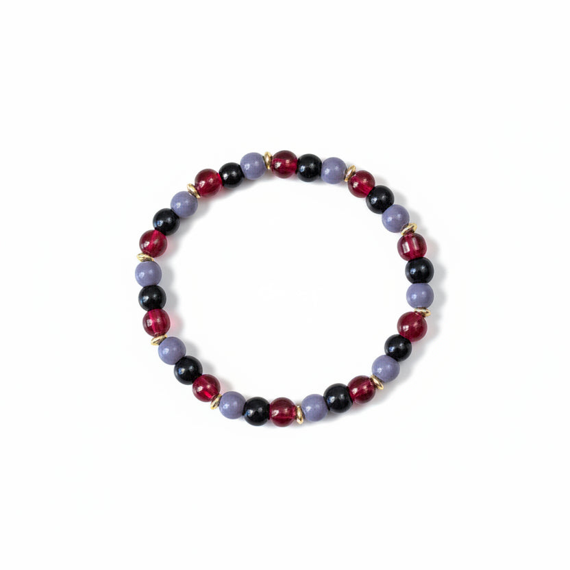 Royal Passion red black mauve glass bead bracelet with golden metal spacers handmade by Crafty Queens