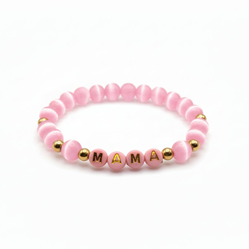 8mm pink cats eye glass bead bracelet with gold spacer beads and “mama” letter beads, stretch bracelet gift for mom