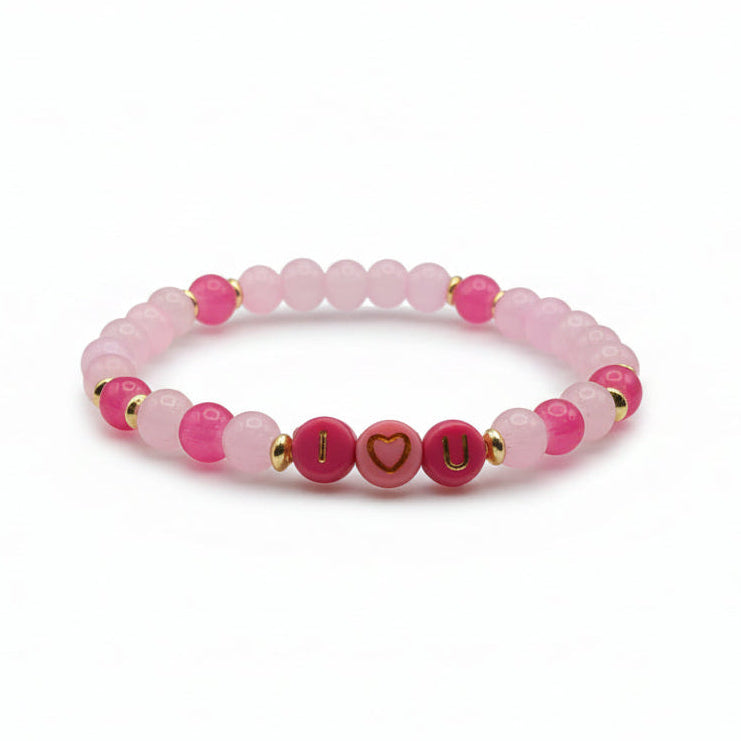 Mini Love Note pink glass bead bracelet with letter beads handmade by Crafty Queens