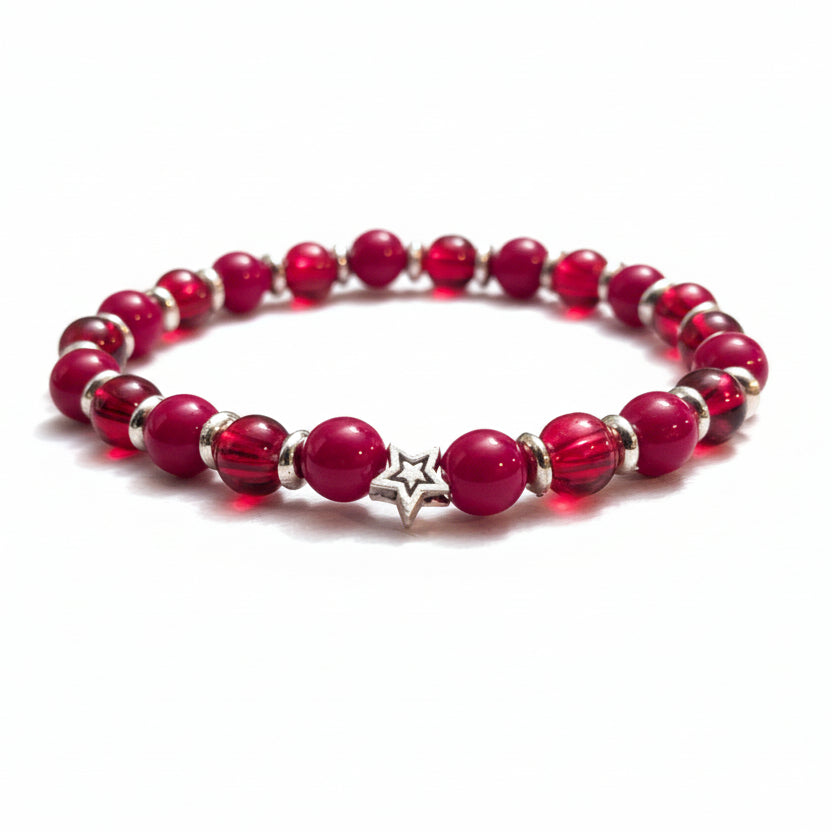 6mm red glass bead bracelet with silver spacer beads and star charm, stretch bracelet for everyday wear