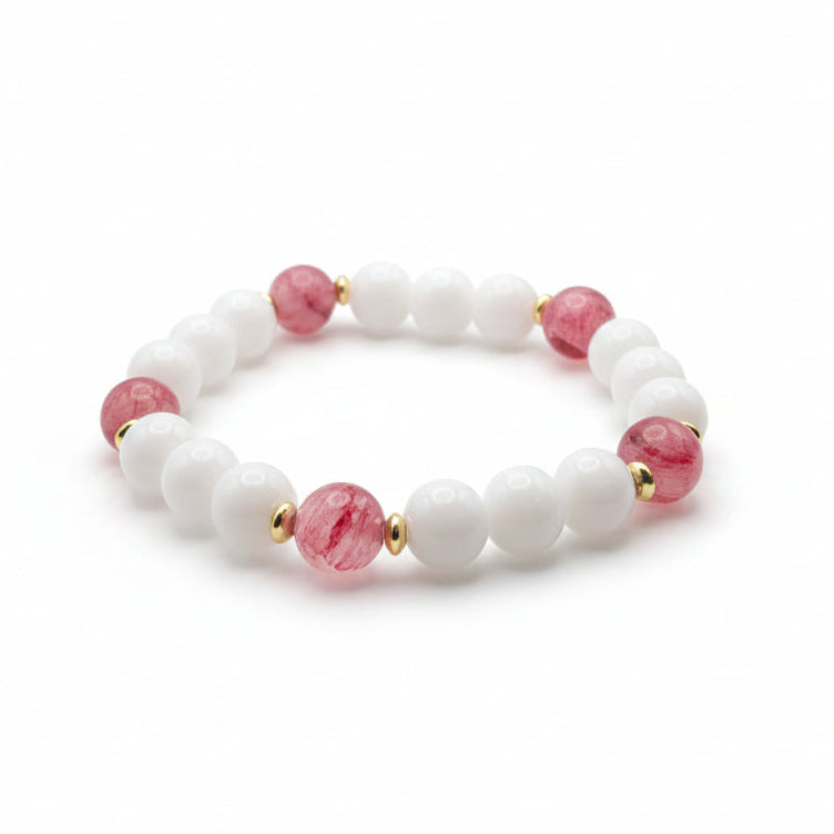 Handmade 8mm natural gemstone beaded bracelet with white agate, pink Persian jade tones, and gold spacer beads
