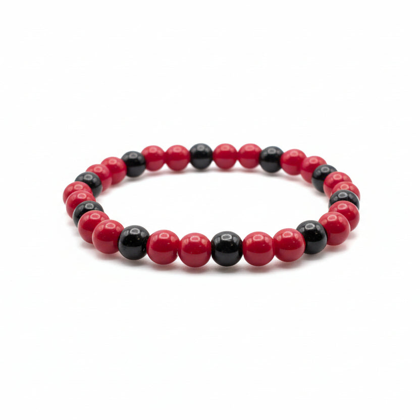Little Ladybug red and black 6mm glass bead stretch bracelet inspired by ladybug colors