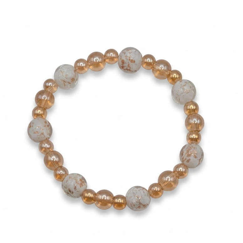 Golden Firefly glass bead stretch bracelet with champagne-toned beads and translucent 10mm lampwork beads with milky white centers and golden flecks