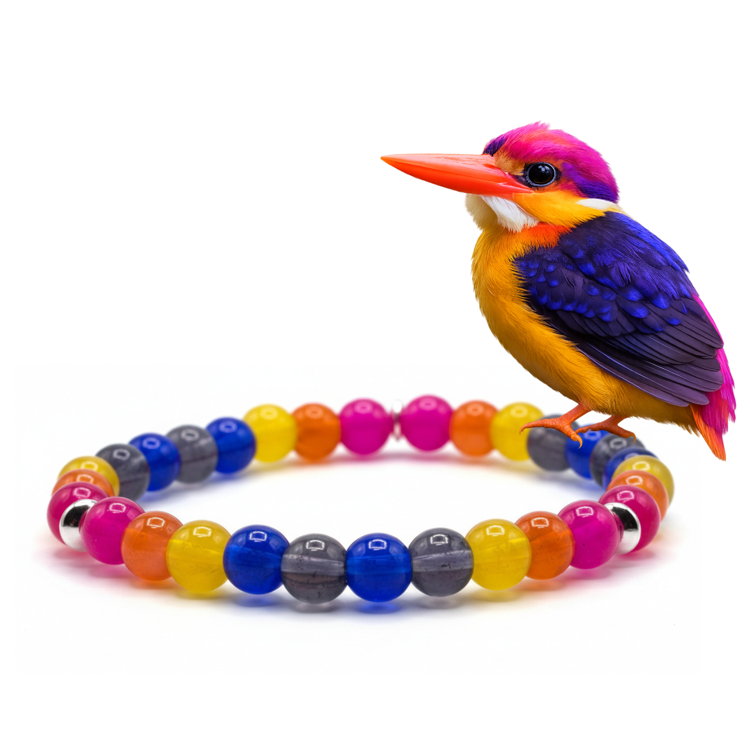 Dwarf Kingfisher glass bead bracelet with pink yellow blue gray orange tone beads handmade by Crafty Queens