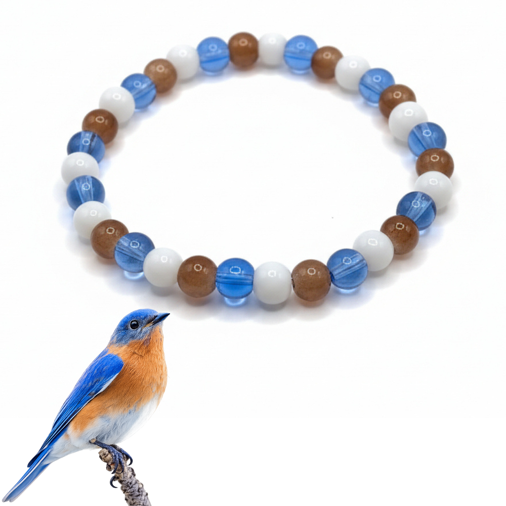 Eastern Bluebird glass bead bracelet with blue brown white beads handmade by Crafty Queens