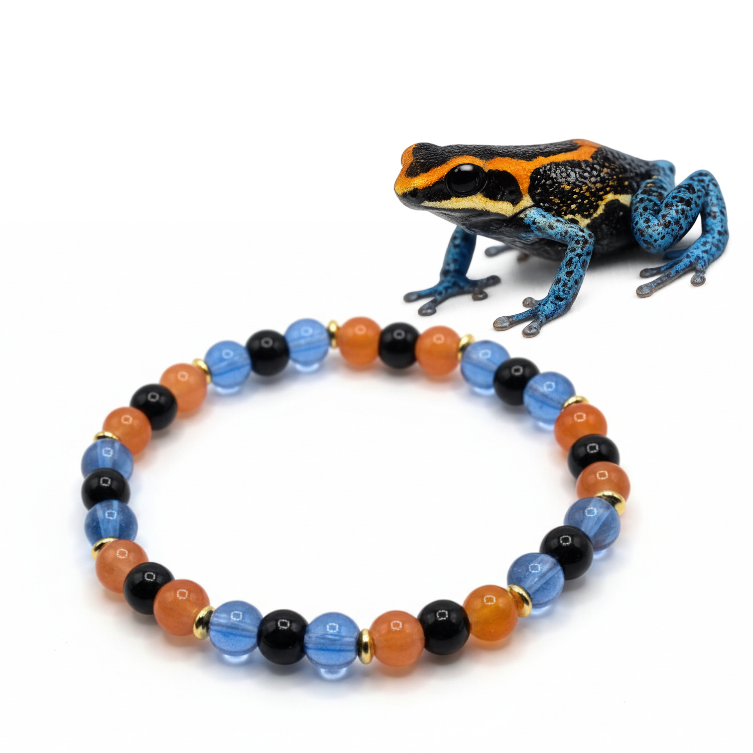 Tiny Dart Frog glass bead bracelet with bright blue orange black beads handmade by Crafty Queens