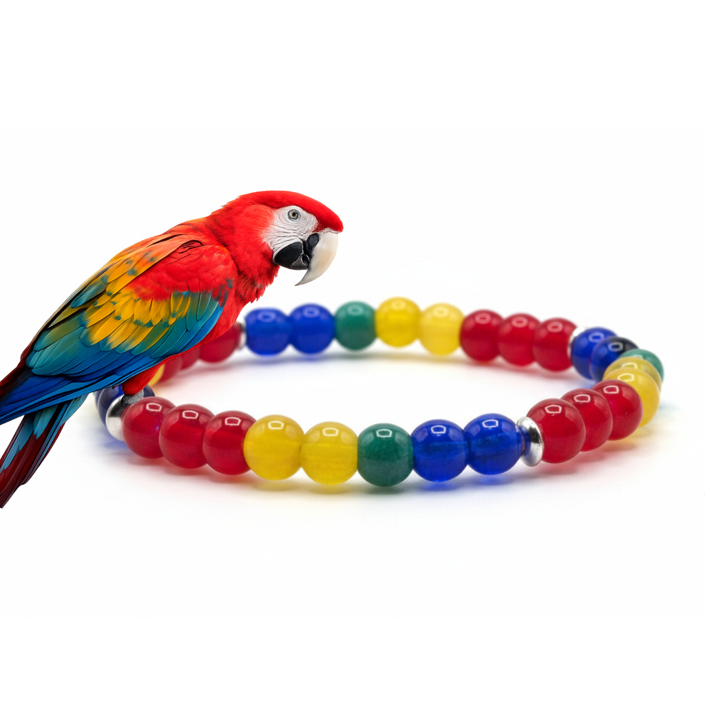 Scarlet Macaw glass bead bracelet with red blue yellow green beads handmade by Crafty Queens