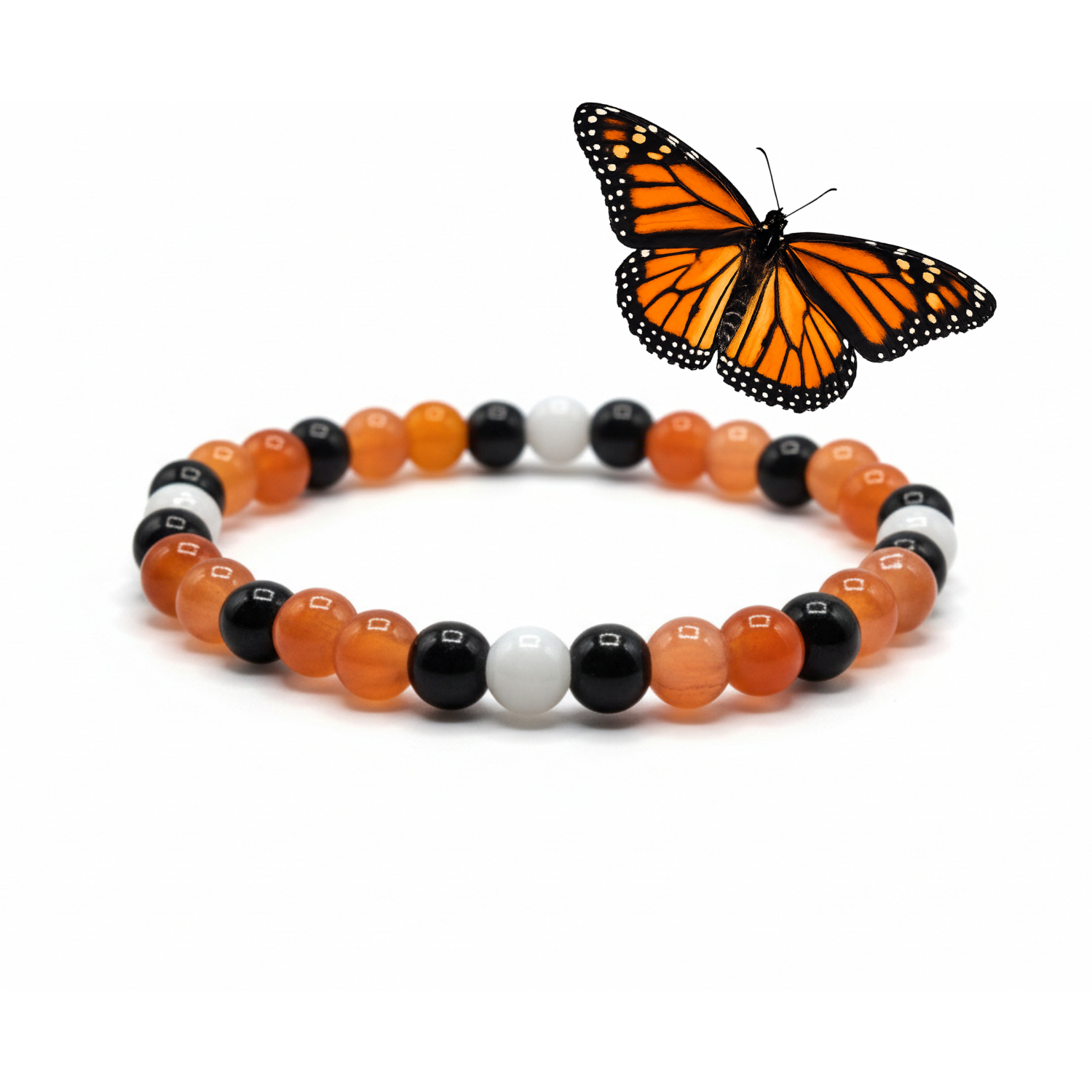 Monarch Butterfly beaded bracelet with orange black white glass beads handmade by Crafty Queens