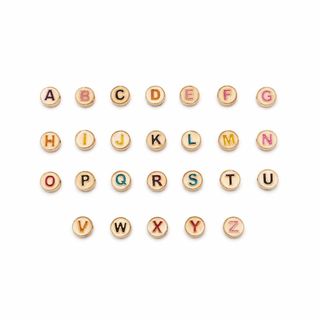 Enamel Initial alphabet beads on a white background